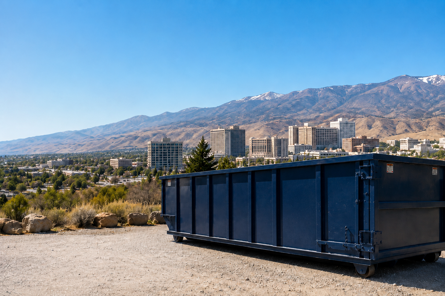 Blue roll-off dumpster overlooking Reno, Nevada
